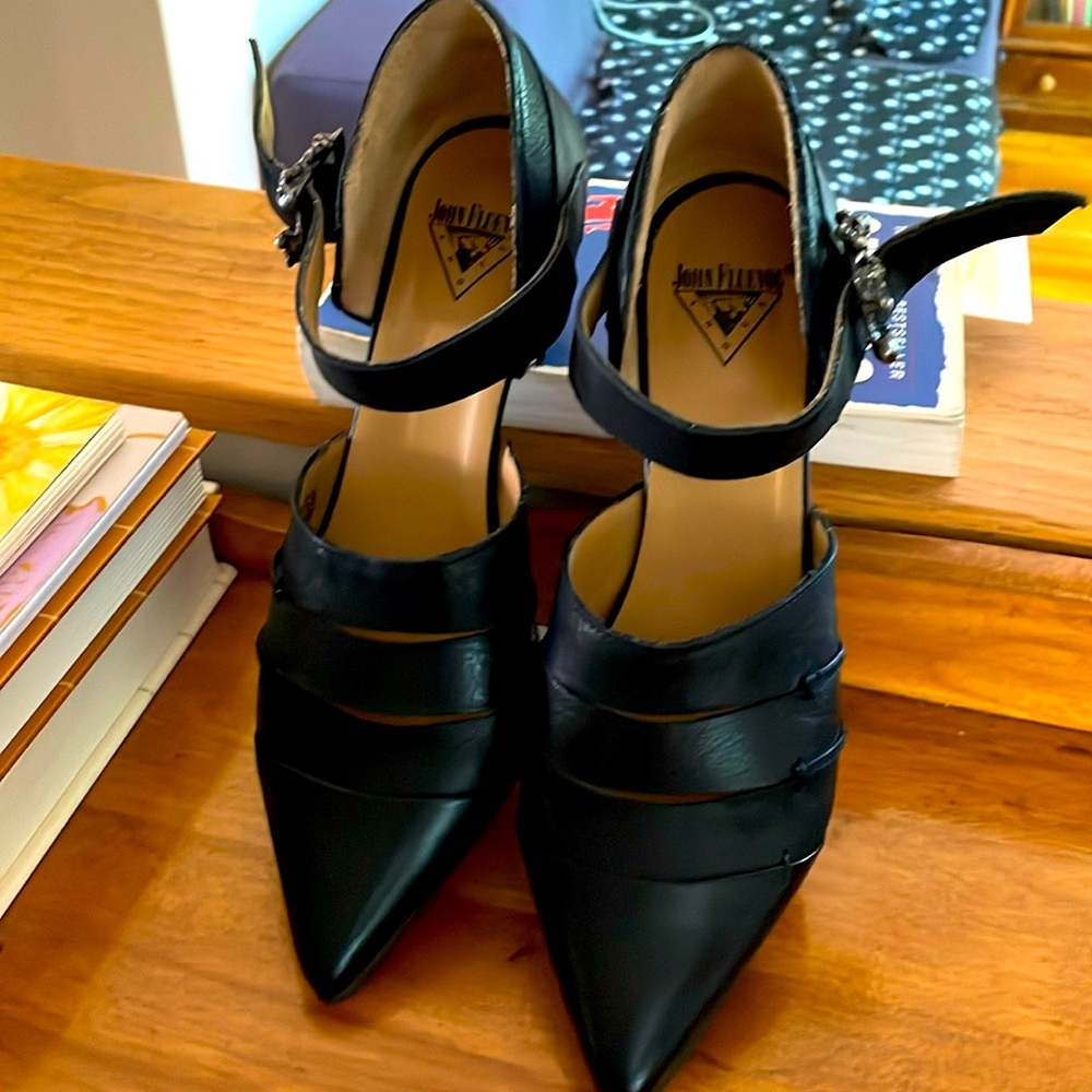 John Fluevog Truth Alison Mary Janes with kitten heel and skull buckle.